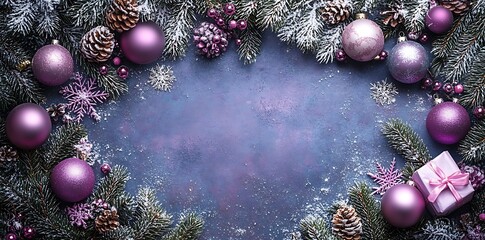 Purple Christmas ornaments pine cones frosted fir branches and gift box image