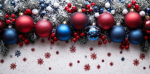 Red and blue Christmas ornaments with snow covered pine branches and berries image