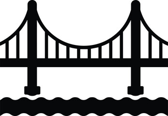 Black silhouette vector of suspension bridge over wavy water, perfect for architecture, urban design, city landmarks, and travel graphics.