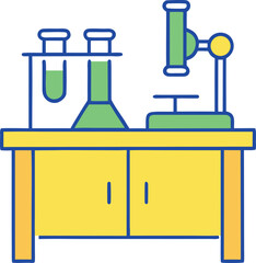 Colorful cartoon laboratory equipment on a yellow desk with a black background