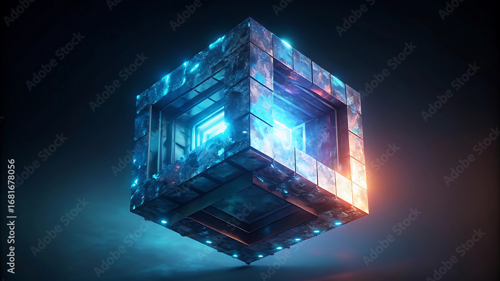Poster minimal surrealism of an infinite glowing cube fractal surrounded by galaxies in surreal cosmic drea