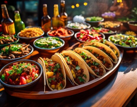 a cinco de mayo taco bar with bowls of fresh toppings grilled vegetables and salsas for a flavorful fiesta