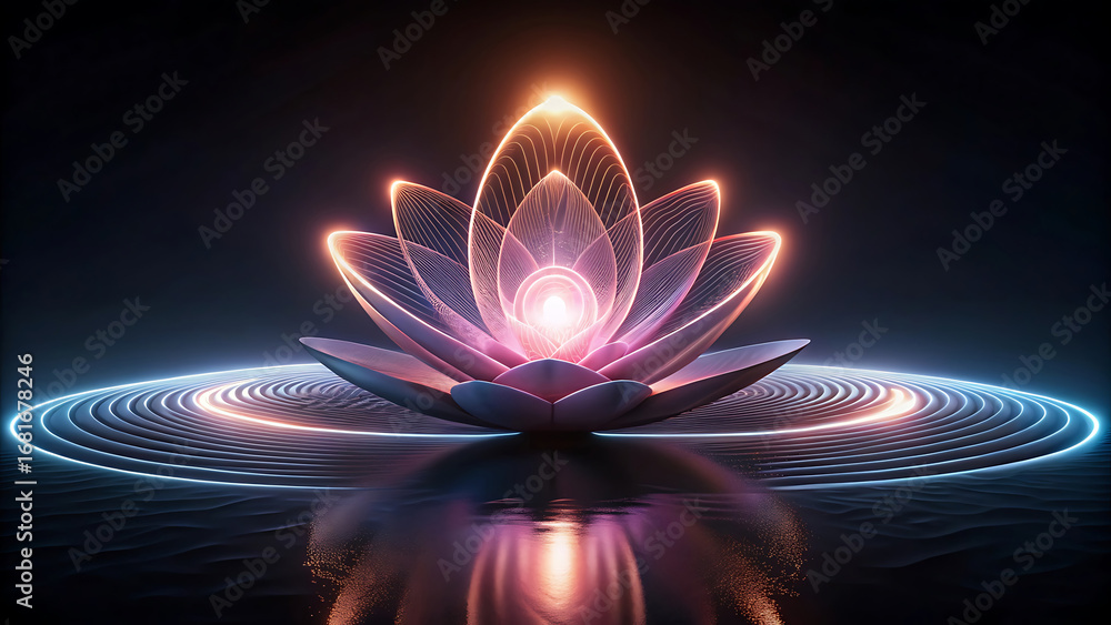 Poster minimal surrealist rendering of a glowing lotus floating in galaxies across surreal cosmic dreamlike