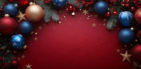 Red background with blue and red Christmas ornaments and fir branches gold