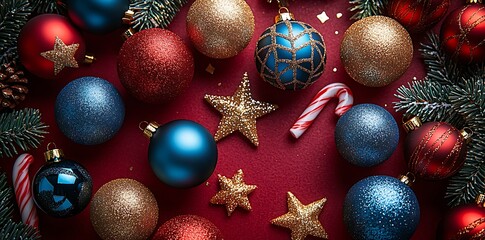 Red blue and gold glitter Christmas ornaments with pine branches and candy canes image