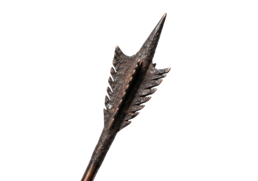 Weathered copper arrow, deep patina, jagged edges, pointed tip, pointing up on white background, macro studio shot, ancient history and guidance concept