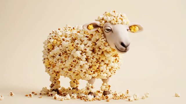 Popcorn Sheep on Beige Background - A whimsical 3D video of a sheep entirely covered in popcorn, standing on a plain beige background. Some popcorn kernels are scattered on the ground around its feet.