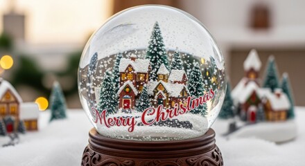 Enchanting Winter Village Snow Globe with Merry Christmas Message