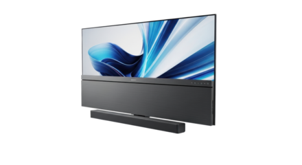 Ultra-modern minimalist television with charcoal gray brushed metal alloy casing, vibrant edge-to-edge display, integrated soundbar, isolated on transparent background, ample copy space. Concept of