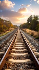 A long, straight railway track extends into a beautiful autumnal landscape at sunset, bathed in warm golden light.