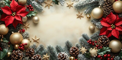 Red poinsettias gold baubles pine cones and frosted fir branches border Christmas holiday