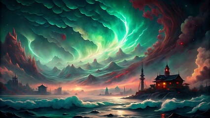 Stormy seascape reimagined in ukiyo e style with glowing waves crashing in golden fantasy illustration