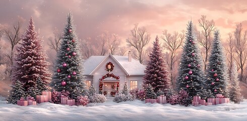 Snow covered house with decorated Christmas trees and pink gifts winter home