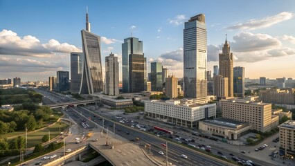 Fototapeta premium aerial view of busy modern city skyline during day