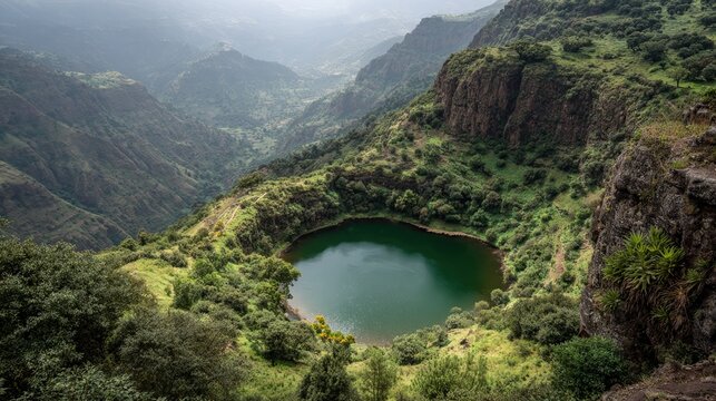 Mountain lake with lush greenery, dramatic mountain landscape, aerial view, serene nature photography, travel and tourism - Powered by Adobe