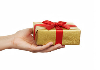 Woman hand holding elegant gift box isolated on white background