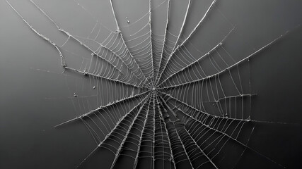 Minimal monochrome spider web design with soft gray tones, elegant symmetry and central space for copy.