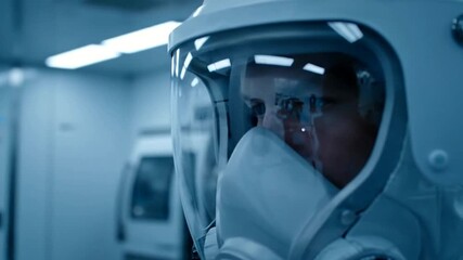 A close-up of a person wearing a protective hazmat suit and full-face respirator mask in a sterile, blue-lit laboratory environment. - Powered by Adobe