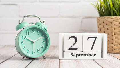 September 27 wooden block calendar with mint retro clock