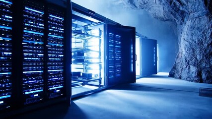 Futuristic Data Center Inside a Cave with High-Tech Server Racks and Blue Lighting - Powered by Adobe