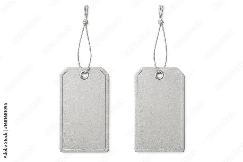 Poster two silver blank price tags hanging with string on a transparent background, ready for customization