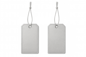 Two silver blank price tags hanging with string on a transparent background, ready for customization