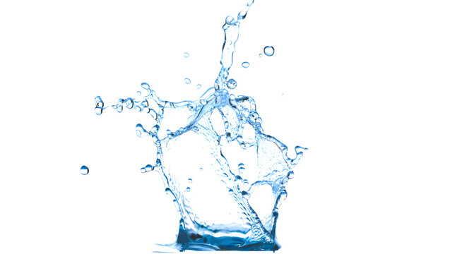 Dynamic blue water splash frozen in mid air with droplets isolated on transparent background