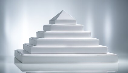 A pyramid-shaped arrangement of graduated white boxes creates a modern, minimalist display.