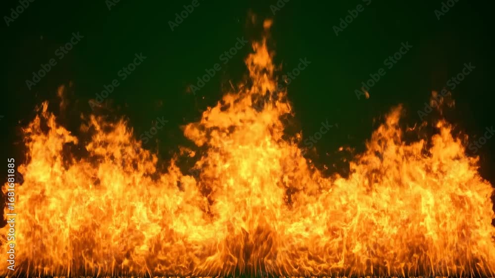 Poster exploding orange flames on green screen - a wall of vibrant orange flames explodes dynamically again