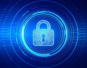 A digital graphic showcasing a secure lock, emphasizing biometric access and a complex, glowing circular design.