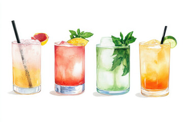 Refreshing summer vibe captured in watercolor painting of four vibrant cocktails with ice, straws, mint, and citrus