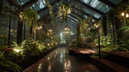A lush indoor garden with tropical plants, illuminated by hanging lights, creates a serene and vibrant natural scene. Peaceful, calming space.