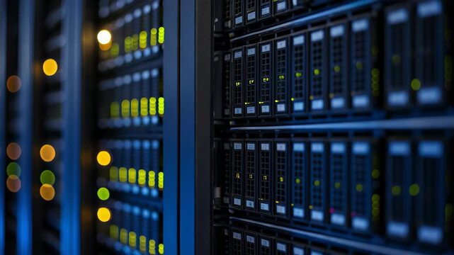 Rows of illuminated server racks in a dimly lit data center, showcasing technology and infrastructure.