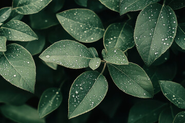 Fototapeta premium Close-up of vibrant green leaves glistening with water droplets after a refreshing rain shower