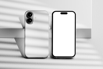 Dual smartphone mockup with realistic shadows for app design and branding presentations.