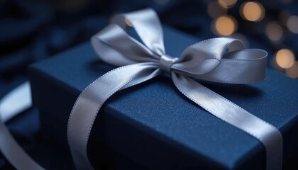 A navy blue gift box, elegantly wrapped with a silver ribbon bow,  in a soft, festive setting.