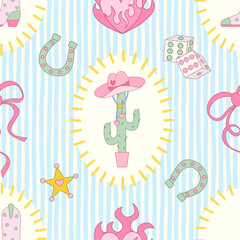 Cowgirl seamless pattern. Cowboy western theme, cactus, cowboy hat, flame heart and boots in girly style. Hand-drawn cartoon print on a stripy green background. Vector wallpaper, t-shirt and vintage.