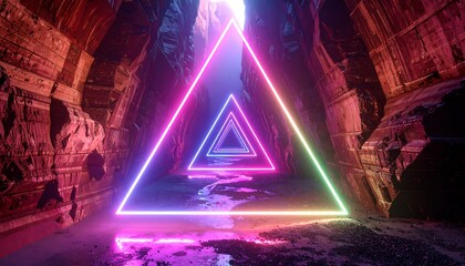 Neon triangles illuminating a canyon-like passage