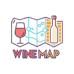 Vector art of wine map icon with glass and bottle, representing wine regions and travel destinations