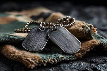 Fototapeta premium Close-up of military dog tags on camouflage fabric. Symbol of service and sacrifice, representing Veterans Day, Memorial Day and honoring fallen soldiers.