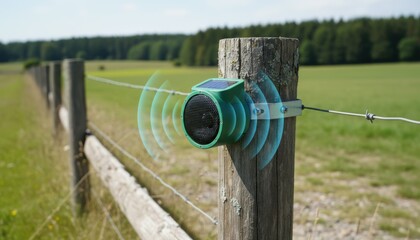 Closeup medium shot of a sonic repellent device mounted on a fence post emitting sound waves to deter larger vertebrate pests from entering the area.