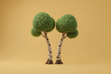 Stylized twin birch trees on a yellow background.  A cute, 3D rendered illustration of nature