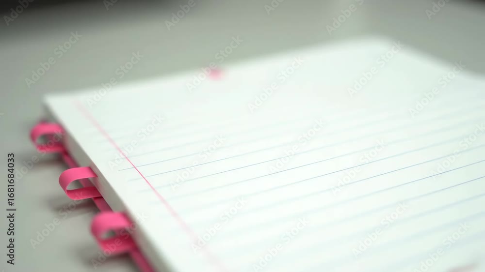 Poster open notebook with pink tabs - close-up view of an open lined notebook with pink tabs at the edge of