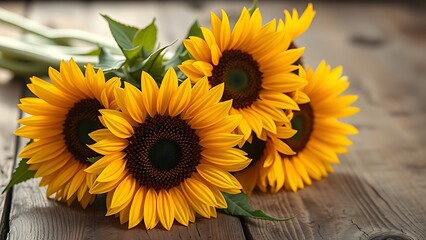 Fototapeta premium A rustic wooden surface holds a sunflower bouquet glowing with warm golden backlight.