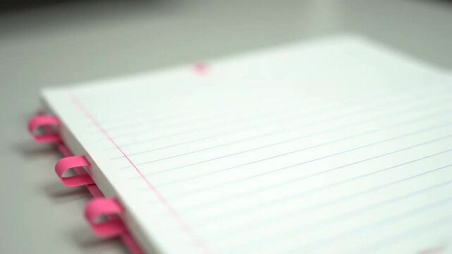 Open Notebook with Pink Tabs - Close-up view of an open lined notebook with pink tabs at the edge of the pages. The paper is blank and the focus is on the texture and color of the notebook.