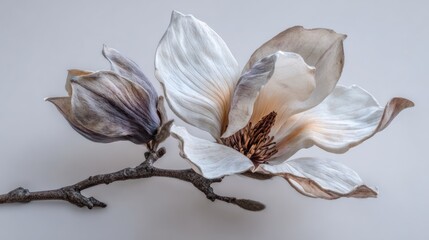 Two magnolia blossoms, one blooming, one budding, on a slender branch