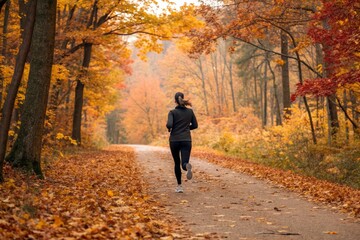 Fototapeta premium A woman runs along a leaf-strewn forest trail in the vibrant beauty of autumn
