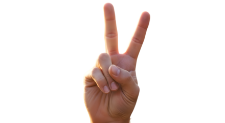 Hand showing the peace or victory sign with two fingers, a symbol of communication, agreement, success, and positive emotions on transparent background