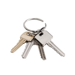 Hotel room keys on a metal ring keychain isolated on black for access and security concepts