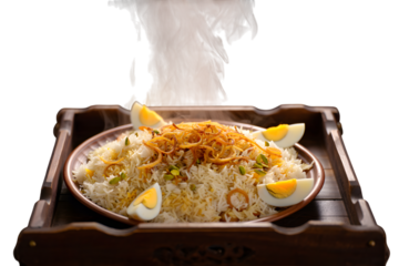 Delicious steaming biryani with boiled eggs and crispy fried onions isolated on transparent background